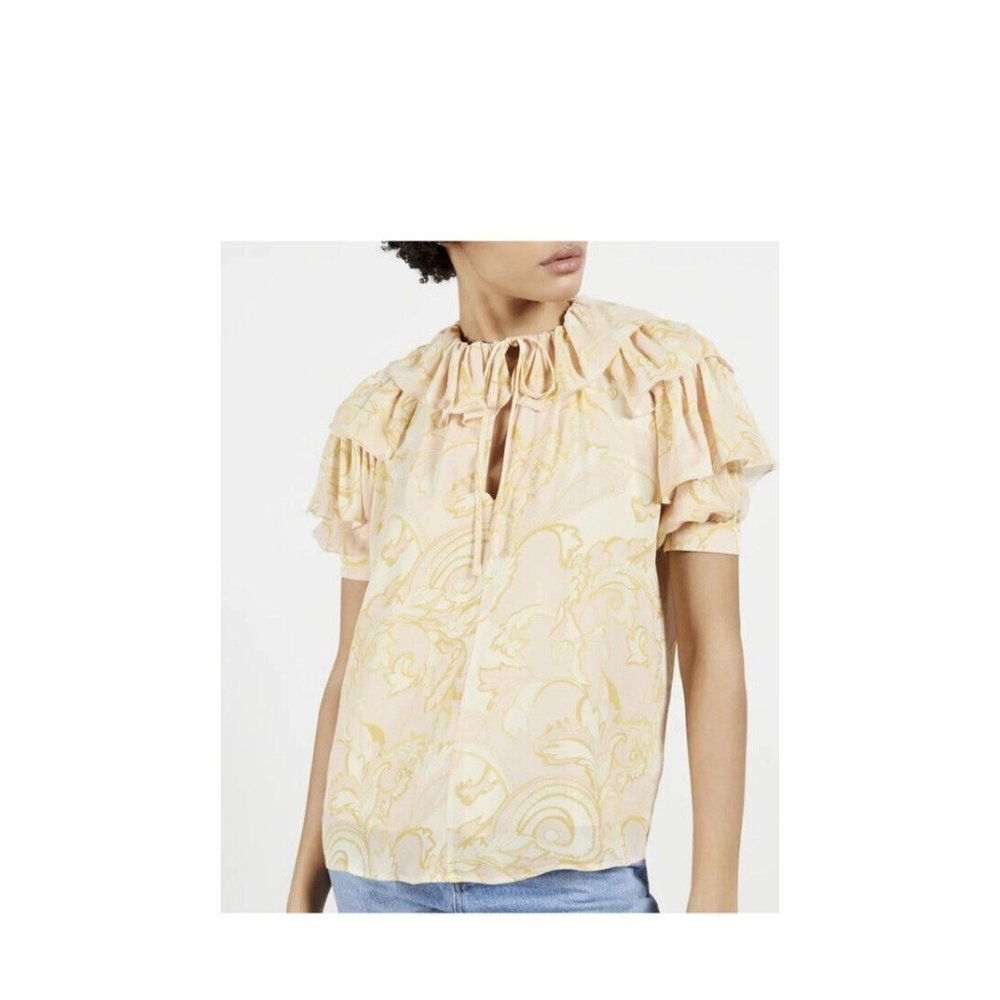 Ted Baker Womens Frill Top Peach Floral Short Sleeve Puff Lined‎ Ruffles 0 New
